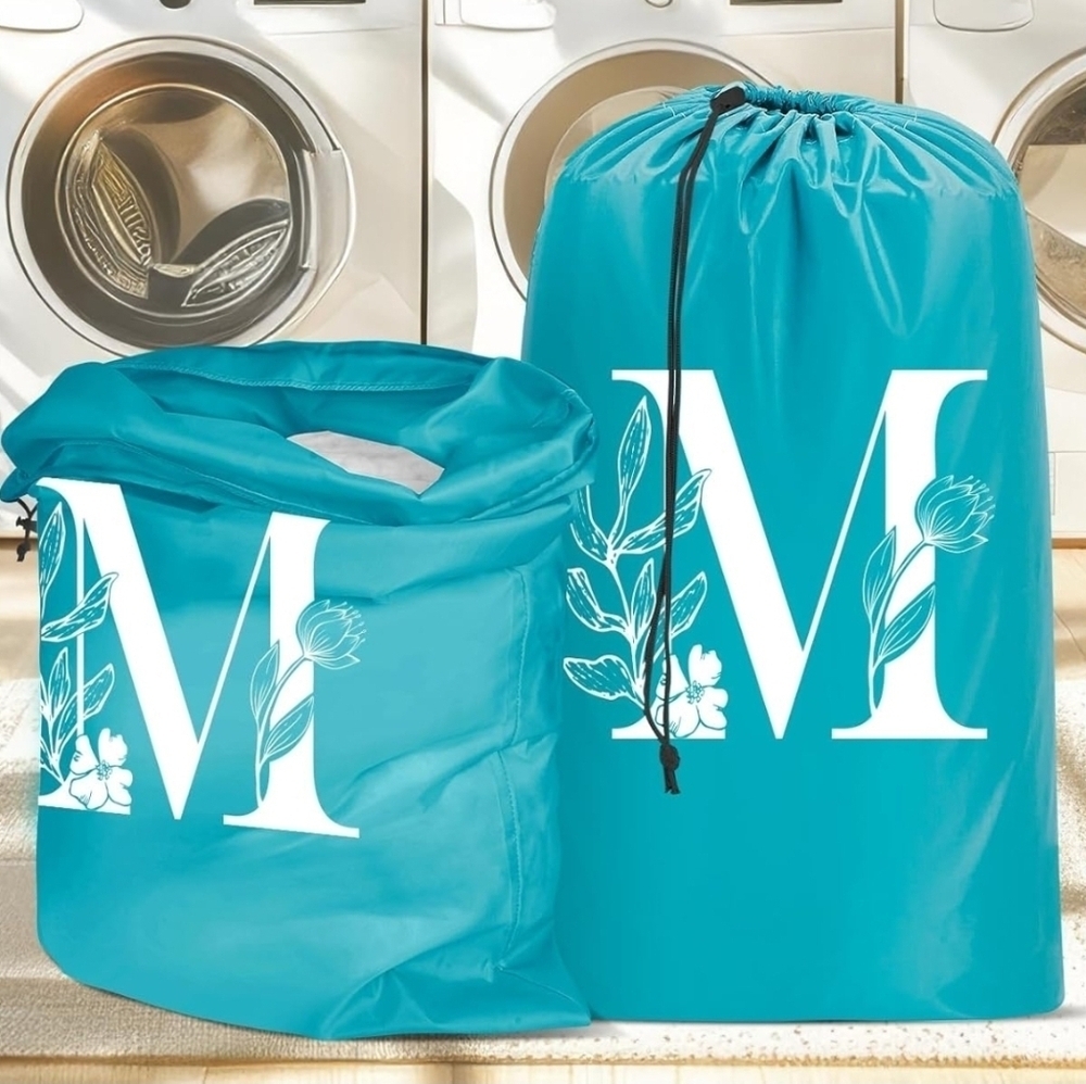 2 Pack Turquoise Personalized XL Laundry Bags *LETTER M* Portable Hamper 24 x 36